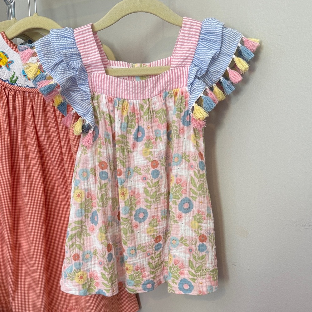 9-12m Mudpie Floral Bunny Dress with Ruffled Sleeves